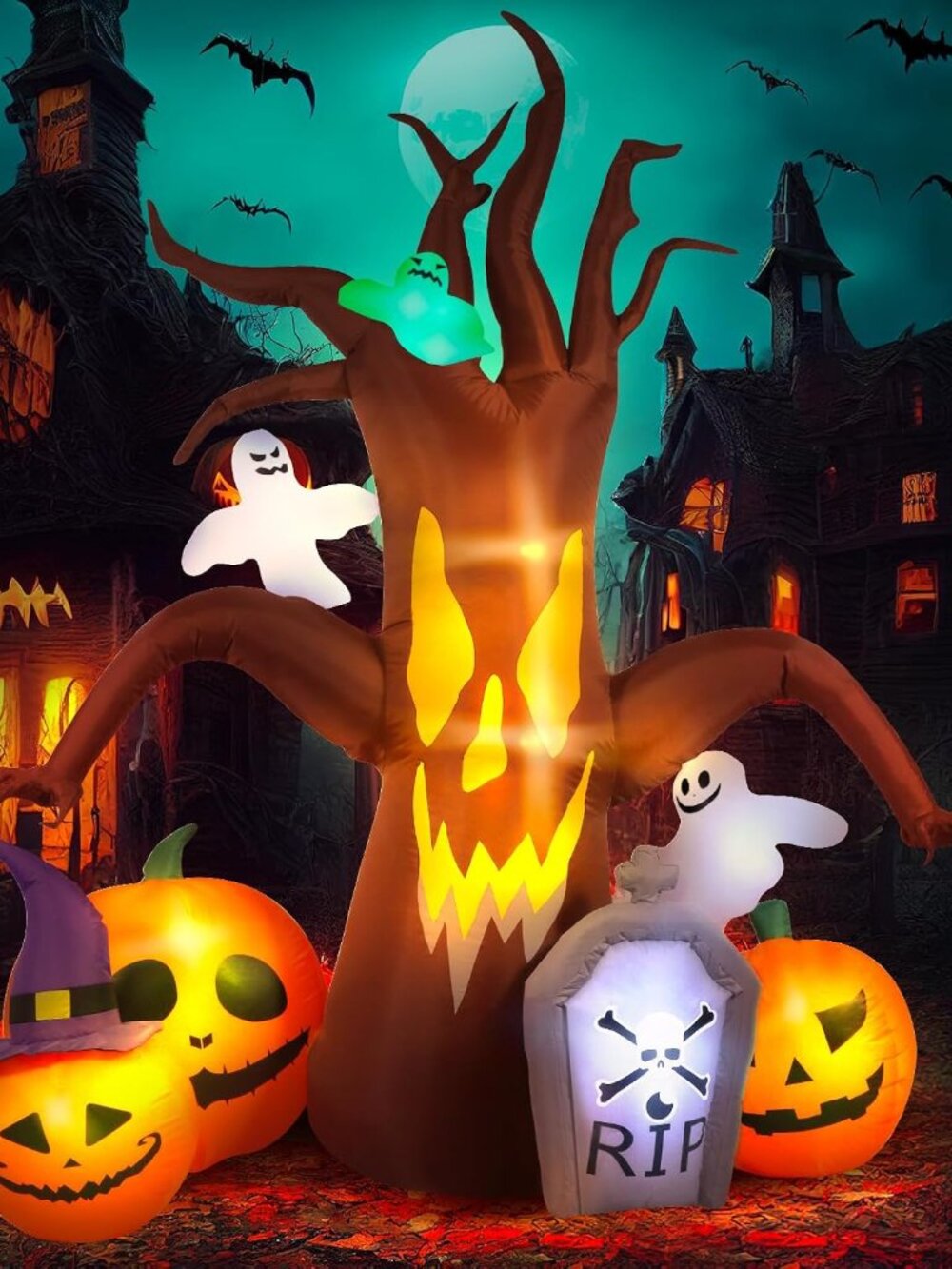 8 FT Halloween Inflatable Dead Tree with Ghost Pumpkins Tombstone LED Decor